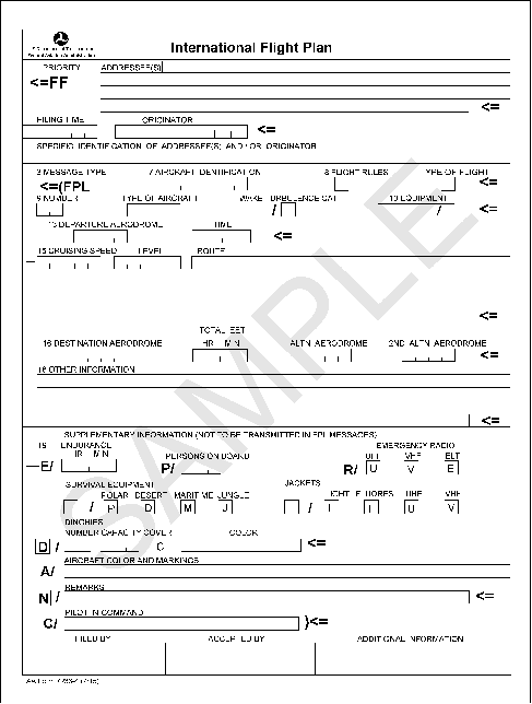 FAA Form 7233-4, Pre-Flight Pilot Checklist and International Flight Plan (continued)